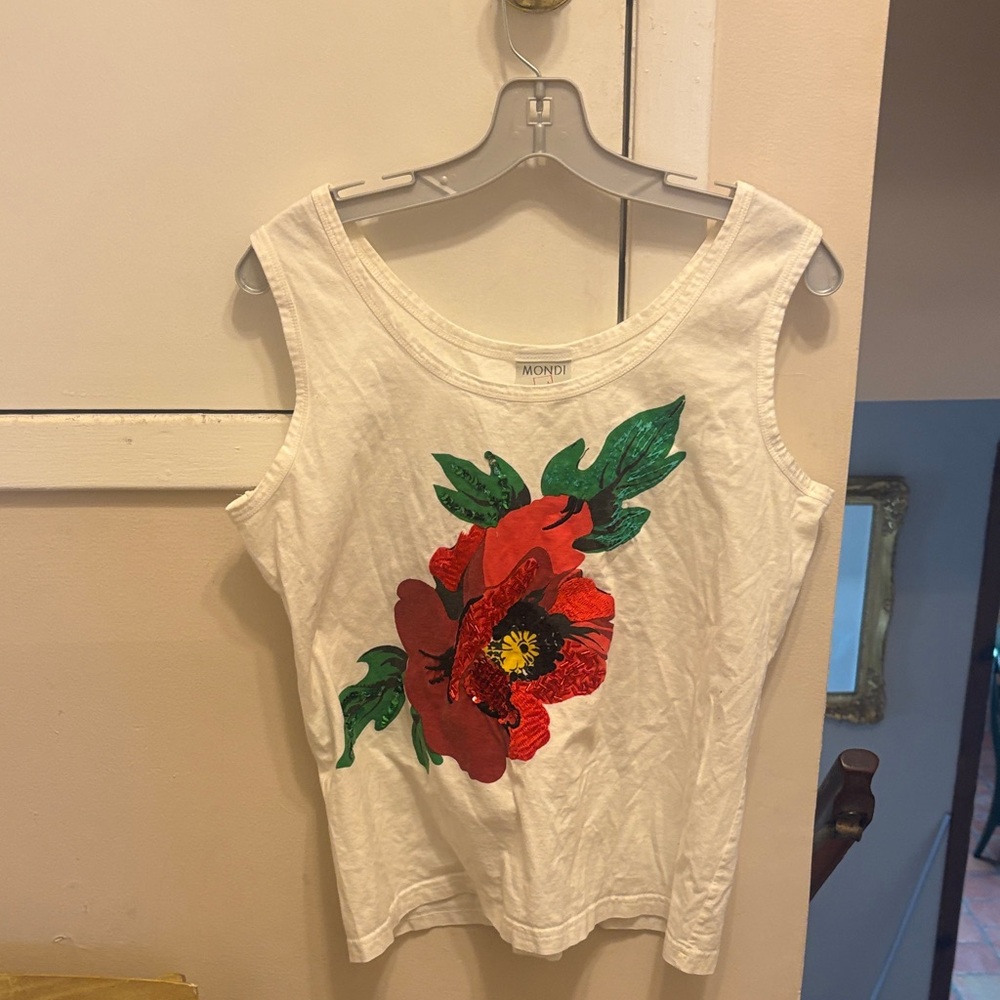 Mondi White Tank top  with Red Floral Design Hand painting